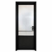 Porte d'entrée moderne en aluminium jaune avec verre dépoli à 8 panneaux, design arqué, avec serrure à levier pour villa et maison