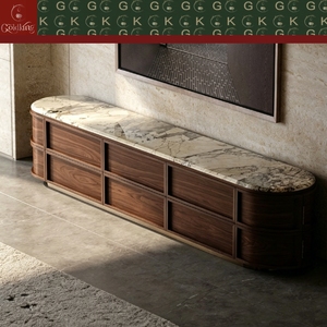Consola de TV de Mármol Patagonia para Sala de Estar Moderna y Lujosa GOLDKING, con Frente de Nogal, Extremos Curvos, Borde Metálico, Fabricación CNC Personalizada de Precisión OEM - Product Image 2