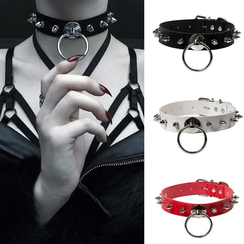 HY jinlong Punk Rock Pointy riveted fun leather collar ring shackle neck Chain O collarbone chain lace strap