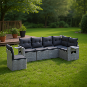 Grey Pe <b>Rattan</b> Garden <b>Sofa</b> Set 6 Seater Outdoor Furniture Weather Resistant Contemporary Design - Product Image 2