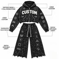 Ensemble 2 pièces OEM vintage délavé à l'acide, sweat à capuche et pantalon de survêtement, style streetwear et mode outdoor, avec strass, pour homme