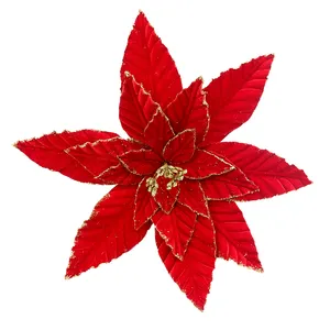 Decorazioni natalizie flores de navidad decoraciones de navidad Flower with Gold Glitter Red Velvet Christmas poinsettia