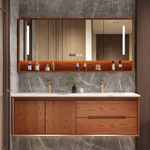 Wholesale Mid-CenturyModern Wood Bathroom Vanity Set With LED Mirror Display 60 In Wall Mounted Contemporary - Product Image 4