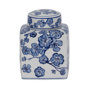 Vaso Decorativo Chinoiserie con Fiori di Ciliegio e Coperchio, Elemento d'Arredo Moderno per Soggiorno e Camera da Letto - Product Image 1