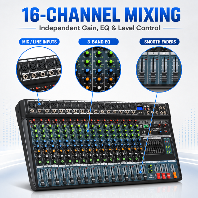 EV16-USB 16 Channel Professional Audio Mixer Sound Board Console with USB Bluetooth24 DSP Effects3-Band EQ for Live Studio Stage
