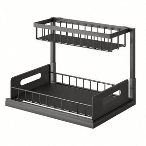 Double Tier Metal BPA-Free Food Grade <b>Under</b> Sink Bathroom Cabinet Organizer with Pull-Out Rack for Kitchen and Bathroom Storage - Product Image 1