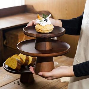 Japanese Style Acacia Wood Cake Stand Round Dark <b>Brown</b> Two Tier Dessert Display Tray For Home Coffee Tea Serving - Product Image 3