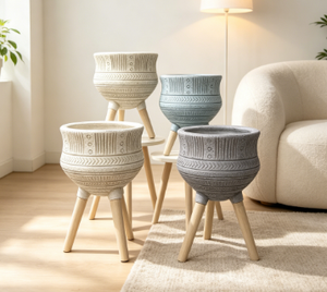 Ethnic Pattern Standing Flower <b>Planter</b> with Wooden Legs, Multi-color Indoor <b>Outdoor</b> Home Garden Decor Wholesale - Product Image 4