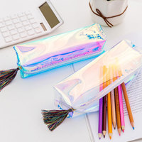 Pochette à crayons créative transparente à sequins, avec pendentif et pompon, multicolore, étui à papeterie personnalisé, kawaii, avec fermeture éclair colorée