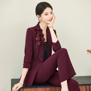 French Plus Size Red Suit Set For Women 2026 New Style High End Floral Jacket Flared Pants Two Piece Set Work Spring Casual - Product Image 4