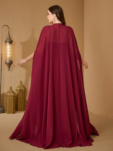Conjunto de Dos Piezas de Vestido de Noche Elegante para Mujer, Color Borgoña, Manga Larga Tipo <span class=keywords><strong>Capa</strong></span>, con Lentejuelas y Parches, Ajustado, de Gasa - Product Image 3