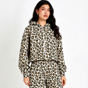 <b>Women</b> White Yellow Leopard Print Zip Up <b>Hoodie</b> Long Sleeve Casual Hooded Full Front Zipper And Relaxed Fit For Streetwear Outfit - Product Image 1