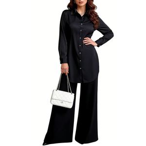 Women's Satin Longline Shirt Lapel Collar Button-Up Side Slit Blouse Casual Formal <b>Top</b> Fashion - Product Image 3