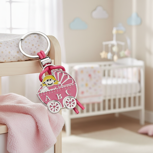 Portachiavi Rosa a Forma di Passeggino con Ciondolo Bambina e Design ABC, Anello Argentato e Cordino Rosa - Product Image 3