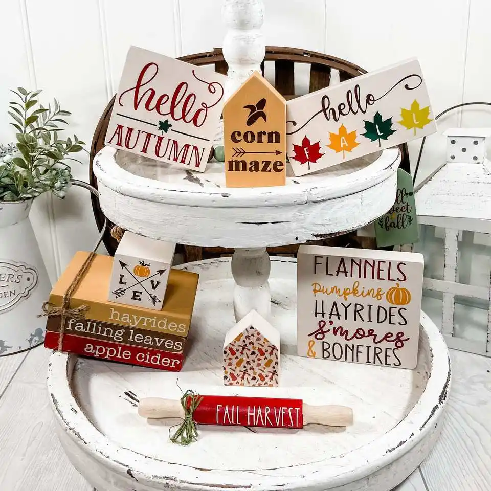 Wholesale AHOME Farmhouse Fall Decor Rustic Wooden Sweet Home Harvest Thanksgiving Plaque Tiered Tray Decor