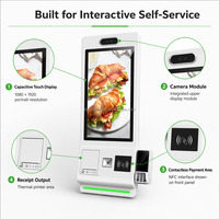 Kiosque de commande en libre-service avec écran tactile et système Android pour restaurants et fast-foods, tailles 21,5, 23,6, 27 et 32 pouces, avec support pour affiche.