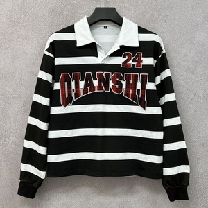 Camiseta de Alta Calidad con Hombros Caídos y Bordado, Camiseta Polo de Rugby a Rayas Personalizada de Diseñador, Camiseta de Manga Larga Oversize de Algodón - Product Image 1