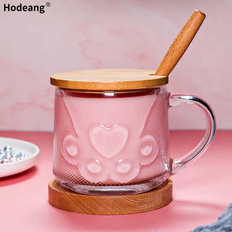 Kawaii 400ml Cat Paw Heat Resistant Cartoon Glass Mugs Coffee Mug With Lid Spoon Home Office Transparent Tea Milk Juice mug