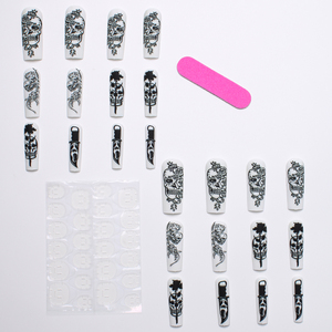 24 <span class=keywords><strong>Uñas</strong></span> Postizas Góticas de Diseño Largo en Forma de Ataúd, Negras y Blancas <span class=keywords><strong>con</strong></span> Calaveras y Rosas, <span class=keywords><strong>Uñas</strong></span> Acrílicas de Terror para Halloween, para Mujeres, para Fiestas - Product Image 6