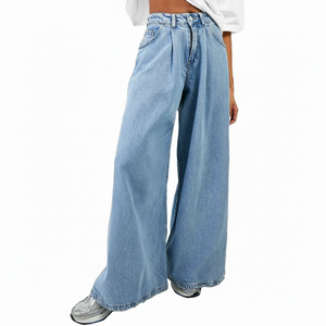 Été Saison Nouveau Style Femmes Mid-Waist Super Wide-Leg Pleated Loose Jeans Haute Qualité Pantalon Droit Denim pour Femmes - Product Image 1