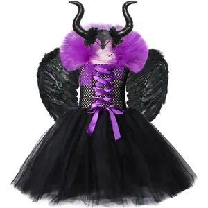 女の子のための黒い羽のハロウィーンの衣装子供邪悪な女王の角の翼と長いチュチュドレスビリアンウィッチコスプレ衣装セット