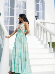 Robe maxi bohème brodée turquoise pour femmes, robe longue fluide à superpositions, élégante, ethnique, pour les vacances, légère - Product Image 4