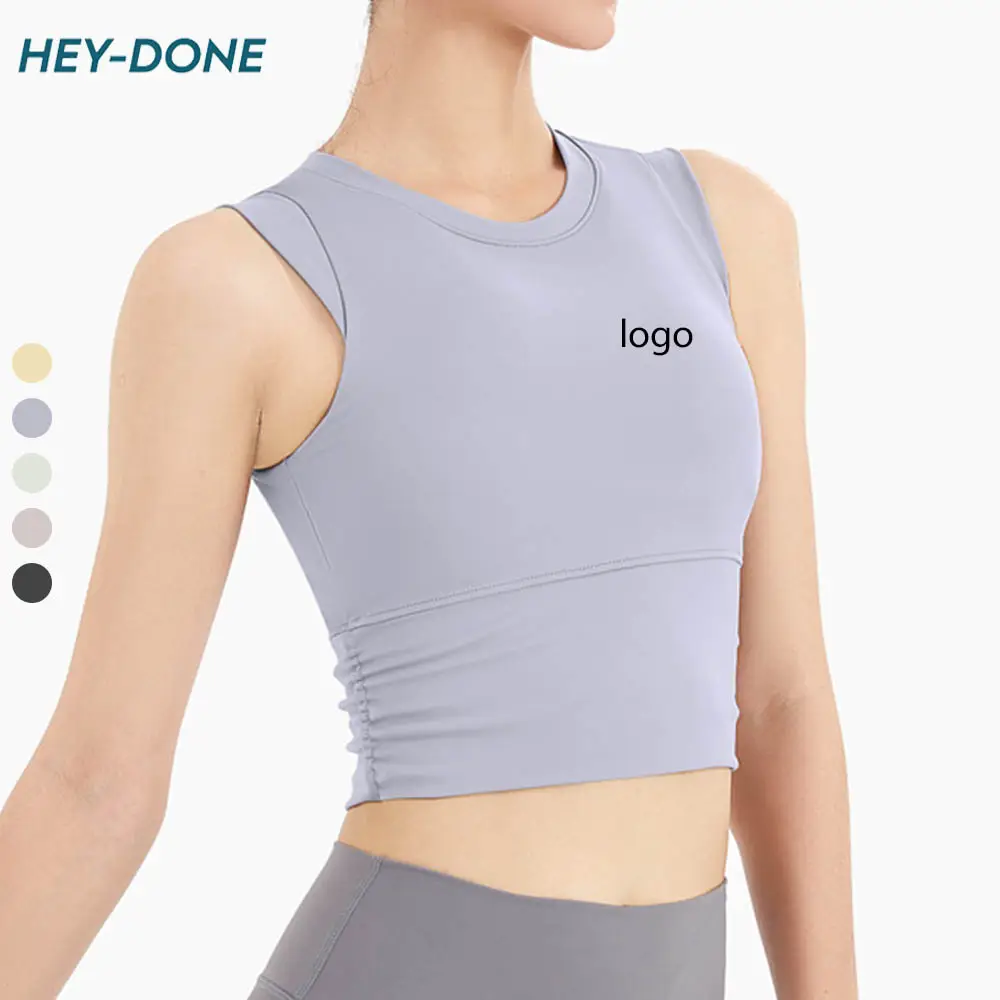 Heydone Hot Sell Summer Ladies Breathable Cold Sleeveless Crop Top Built In Bra Crew Neck Running Sports Women Athletic Tank Top