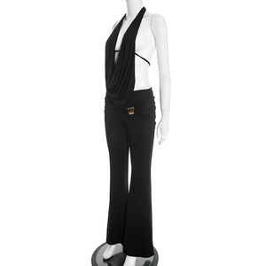 Ensemble décontracté 2 pièces pour <span class=keywords><strong>femme</strong></span> : Haut dos nu à col licou et pantalon évasé - Product Image 4