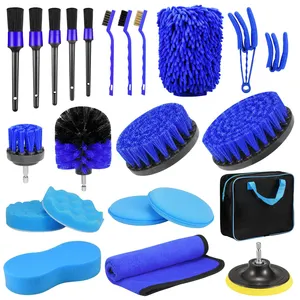 Car Washing Kit 23 Pcs Drill Soft Brushes Attachemnt Auto Detailing Brush Blue For Wheels Dashboard Cleaning