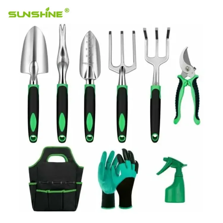 SUNSHINE-Juego de herramientas de jardín de 10 piezas, kit de inicio de herramientas de mano de acero de aleación de aluminio con bolsa de jardín, herramienta para exteriores, trabajo de jardín resistente