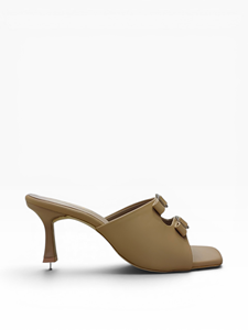 Sandales à talon bloc beige pour femmes, à double boucle, bout ouvert, à enfiler, talon moyen, pour soirée et décontracté, élégantes - Product Image 3