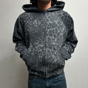 Sudadera con capucha negra personalizada <span class=keywords><strong>de</strong></span> diseñador con estampado <span class=keywords><strong>de</strong></span> leopardo, <span class=keywords><strong>de</strong></span> felpa francesa <span class=keywords><strong>de</strong></span> alto gramaje, estilo urbano, oversize, con cremallera para <span class=keywords><strong>hombre</strong></span> - Product Image 2