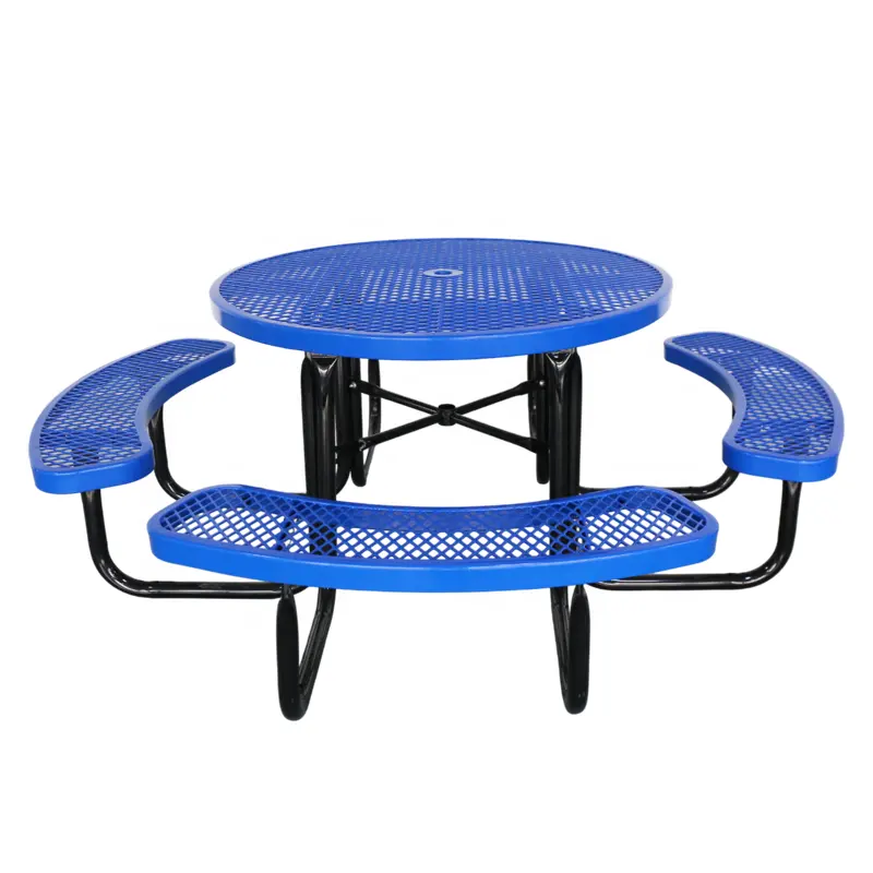Picnic Outdoor Thermoplastic Steel Round Commercial Picnic Table Bench Restaurant Outside Furniture Metal Dining Table With Umbrella