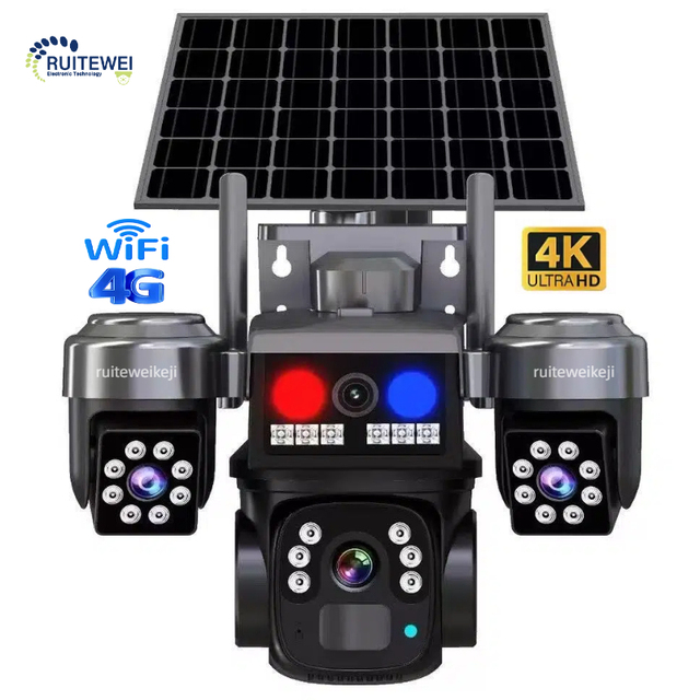 12MP 4K Solar WiFi Security Camera IP65 Red/Blue Light Alarm Triple Lens PTZ 360 Full Color Night Vision Outdoor PIR Memory Card
