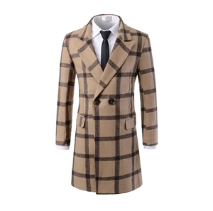 Manteau trench pour homme en laine mélangée à carreaux, double boutonnage, col rabattu, coupe ajustée - Product Image 1