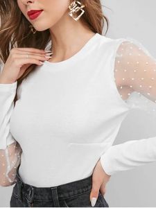 Tute con maniche in rete a punto KY Dot camicette bianche da donna top moda coreana a coste Swiss Lady Full Casual servizio OEM 100% poliestere - Product Image 3