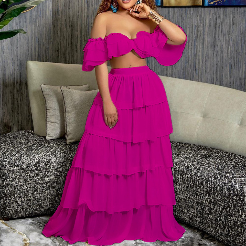 Wholesale Two Piece Crop Top And Maxi Skirt Sets Layered Solid Color Ruffle Cake Dress