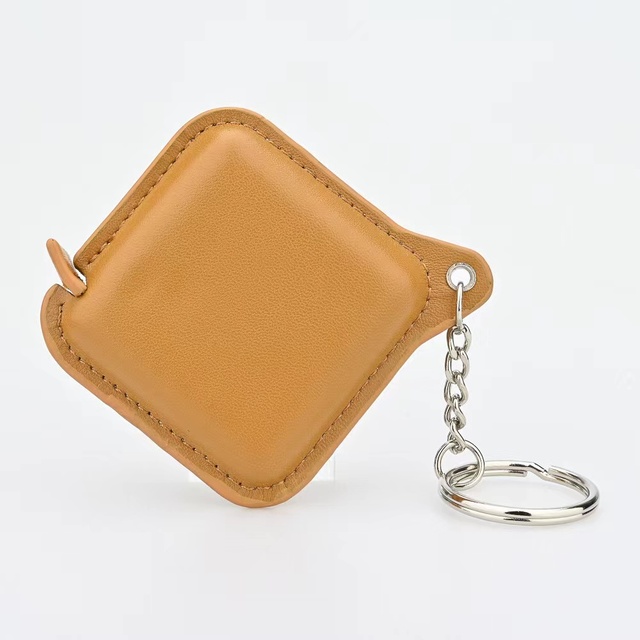 Custom logo Debossed square Shape Yellow Leather Cover Mini Tape Measure Keychain