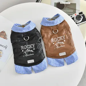 Chaqueta de Cuero para Perro con Cuello a Cuadros, Abrigo de Invierno para Mascotas con Forro Polar y Anillo para Arnés, Ropa para <span class=keywords><strong>Cachorros</strong></span> al por Mayor - Product Image 1