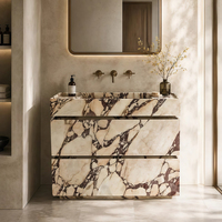 Meuble-lavabo moderne en marbre Calacatta Viola Cammy Stone avec tiroirs, installation sur piédestal, finition polie, personnalisable pour salle de bain