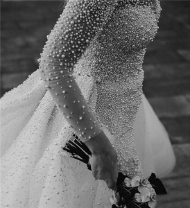 FA191 Luxury Full <strong>Pearl</strong> Beaded Mermaid Wedding <strong>Dresses</strong> <strong>With</strong> Detachable Train Vintage Long Sleeves Saudi Arabic Plus Size Bridal - Product Image 3