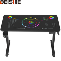 Bureau rectangulaire en métal Wquantum réglable en hauteur, surface bois/verre, éclairage RGB, porte-gobelet, crochet pour casque, assemblage pour le gaming
