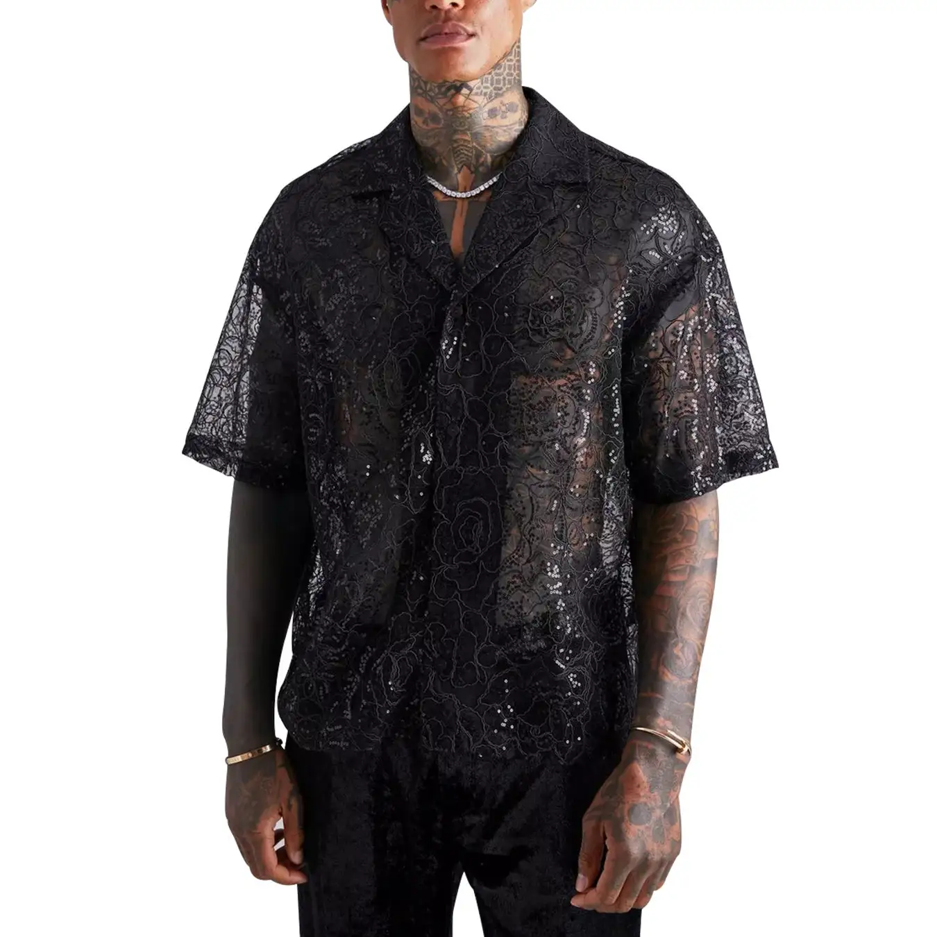 Plus Size Men's Shirts Texture Button Up Sheer Floral Lace Oversized Men Shirt Custom Short Sleeve Camisas Para Hombre