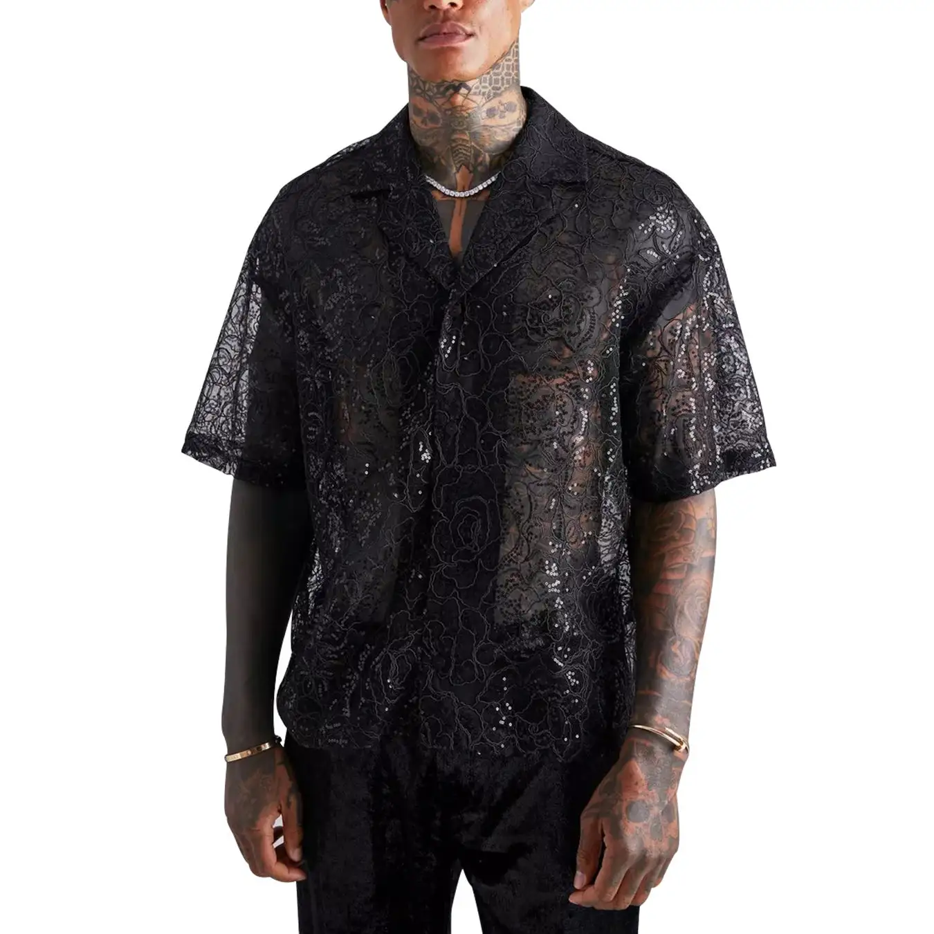 Plus size camisas dos homens Textura Botão Up Sheer Lace Floral oversized homens camisa personalizada manga curta camisas para hombre