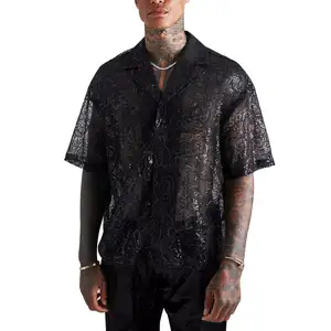 Camisas de talla grande para hombre, camisa de gran tamaño con encaje Floral transparente con botones de textura, camisas de manga corta personalizadas para hombre