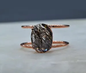 Черное кольцо с кварцевым камнем, 925 из стерлингового серебра, розового золота, овальной формы, двойная лента, изящное кольцо