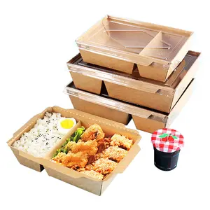 Wadah kemasan sekali pakai kustom untuk makanan dengan tutup kotak makan siang kraft bergelombang dengan jendela untuk makanan