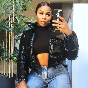 Chaquetas acolchadas de PU para mujer, Parkas cálidas y sueltas con cremallera y cuello alto, color rosa brillante, para invierno - Product Image 2