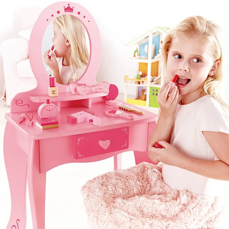 Penteadeira de madeira rosa crianças, moda, princesa, brinquedos, crianças, fingir, maquiagem, conjunto, vestiário com espelho, brinquedo, crianças, brinquedo, sto