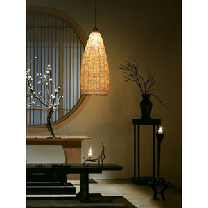 Lustre suspendu en rotin tressé artisanal, long, à une seule tête, avec ampoule LED E27, pour salon, chambre à coucher, bureau, salle de thé - Product Image 4